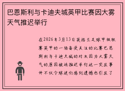 巴恩斯利与卡迪夫城英甲比赛因大雾天气推迟举行 巴恩斯利与卡迪夫城英甲比赛因大雾天气推迟举行