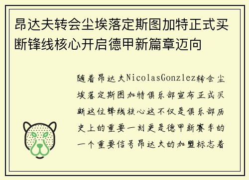 昂达夫转会尘埃落定斯图加特正式买断锋线核心开启德甲新篇章迈向